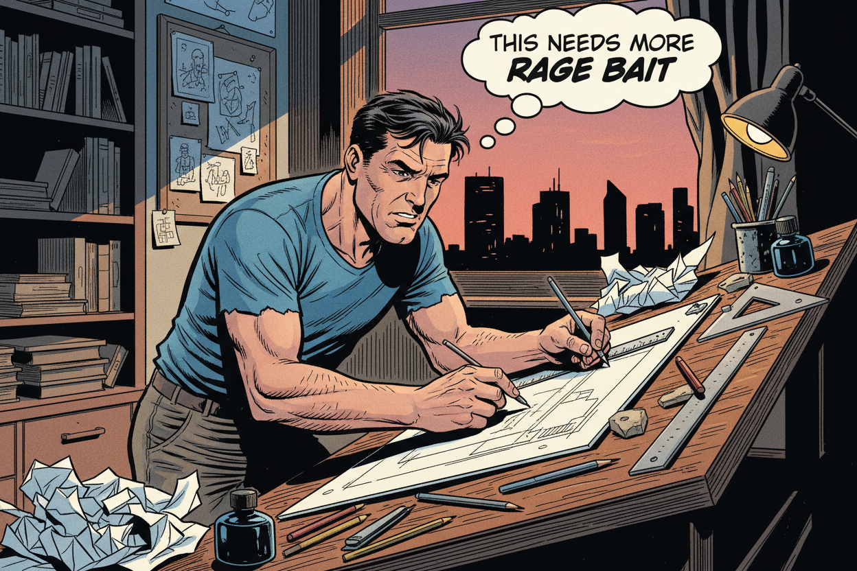 comic book style animation, man sitting at drafting table designing something with a thought bubble above him reading "This needs more rage bait"